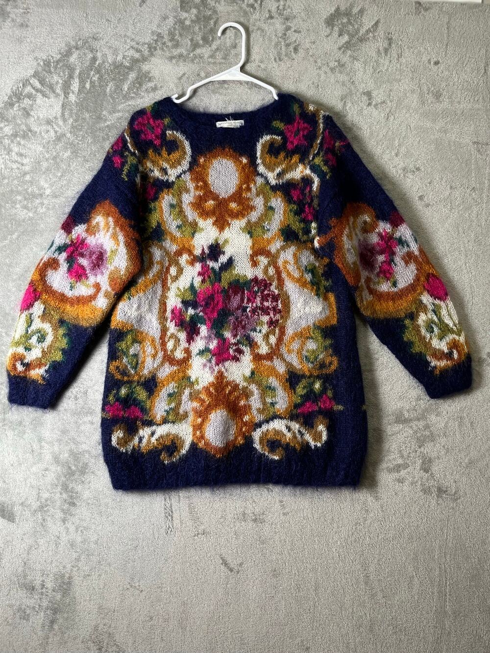 Vintage Mohair Blend Floral Tapestry Oversized Sweater Navy Small 80s 90s